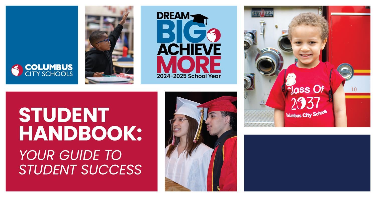 block images with bold color and pictures of students